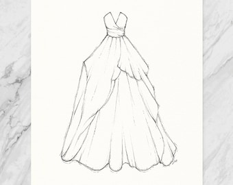 Custom Bridal Dress Illustration, Black Ink Portrait, Wedding Anniversary Gift