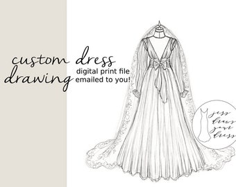 Custom Wedding Dress Illustration, DIGITAL PRINT FILE, Made to Order, Black and White, 8x10" Ready to print, First anniversary gift idea