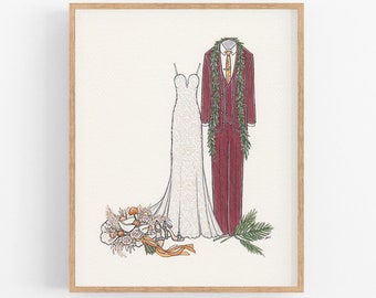 Wedding Illustration, Custom Hand Drawn Mixed Media Art, Bride and Groom Portrait, Couple Drawing, Maroon Suit Lace Dress, Anniversary Gift