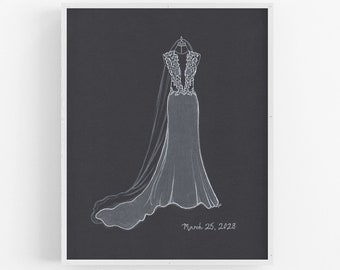 Arte de vestido de novia personalizado, ilustración de papel negro de tinta blanca, regalo de boda, idea de regalo de primer aniversario, retrato dibujado a mano en blanco y negro