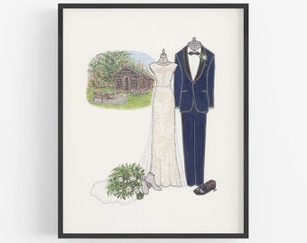 Wedding Illustration, Customized Bride and Groom Portrait, 8x10", Dress Suit, Mixed Media Hand Drawn Art, 1st Anniversary Paper Gift Idea