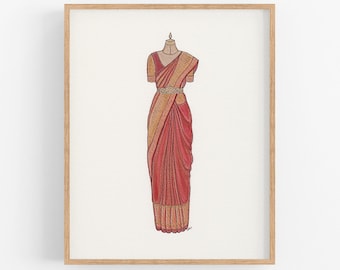 Custom Indian Saree Dress Illustration, Hand Drawn Wedding Sari Dress Portrait, Colour Mixed Media Artwork, Personalized, Anniversary Gift