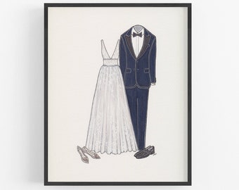 Custom Wedding Illustration, Bride and Groom Portrait 8x10", Dress Suit Mixed Media Hand Drawn Art, Love 1st Anniversary Paper Gift Idea