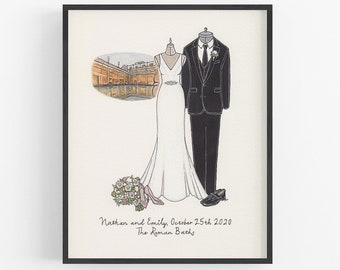 First Wedding Anniversary Gift Illustration, Dress Suit Venue Portrait, Hand Drawn Bridal Couple Art, Paper Gift Tradition Idea Free Ship