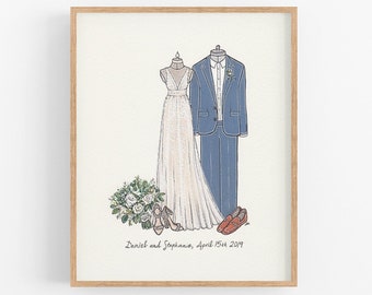 Custom Bride and Groom Wedding Illustration Art Portrait, Paper Anniversary Gift, Dress Suit Mixed Media Hand Drawn, 1st Anniversary Idea