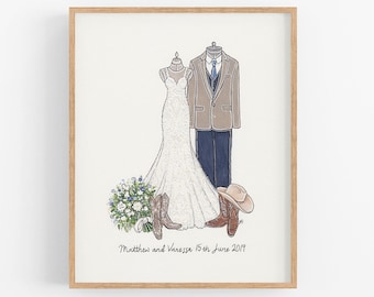 Made to Order Couple Portrait, Bride & Groom Wedding Illustration, Art Piece, Bridal Western Cowboy Boots Cowboy Hat, Anniversary Present