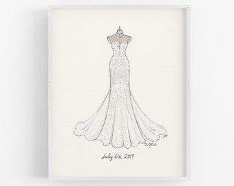 Custom Wedding Dress Illustration, Mixed Media Bridal Portrait, Anniversary Gift