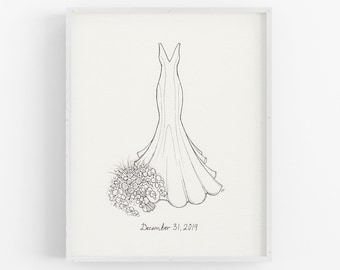 May include: A line drawing of a wedding dress with a bouquet of flowers. The date "December 31, 2019" is written below the dress.