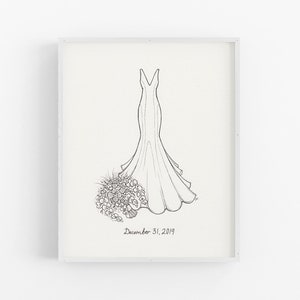 Wedding Dress Portrait, Custom Dress Illustration, Made to Order Art Sketch, Handmade Bridal Artwork, First Anniversary Gift Idea zdjęcie 1
