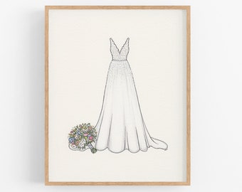 Retrato de vestido de novia hecho a mano, técnica mixta de color, obra de arte personalizada, ilustración de novia personalizada, idea de regalo de cumpleaños de aniversario