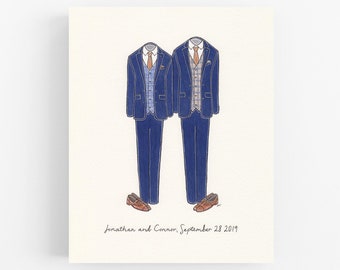 Custom Wedding Illustration, Grooms Portrait, 8x10 inches Artwork, Blue Suits Mixed Media Hand Drawn, Love 1st Anniversary Paper Gift Idea