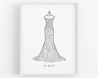 DIGITAL Custom Dress Illustration, PRINT FILE, Made to Order, Black White Ink, 8x10", Hand Drawn Wedding Bridal Art, Quick Turnaround, Gift