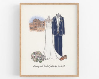 Custom Bride and Groom Wedding Illustration Portrait, 8x10, Dress Suit Mixed Media Hand Drawn Art, 1st Anniversary Birthday Christmas Gift