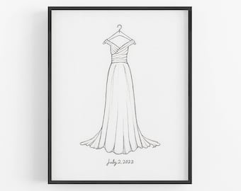 Black Ink Wedding Dress Portrait, Custom Dress Illustration, Made to Order Art Drawing, Handmade Bridal Artwork, First Anniversary Gift Idea