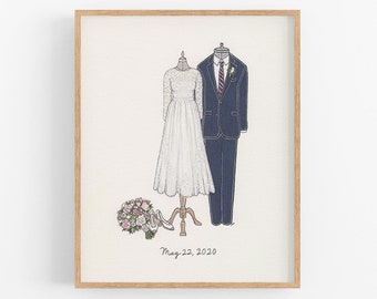 Custom Couple Wedding Illustration, Bride Groom Art Portrait, 8x10, Bridal Dress Suit Mixed Media Drawing, First Anniversary Paper Gift Idea