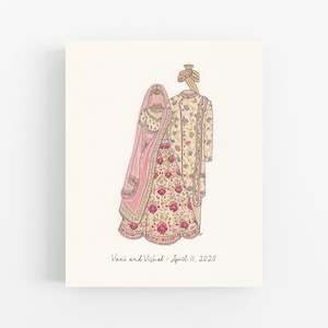 Könnte beinhalten: Eine Aquarell-Illustration eines Paares in traditioneller indischer Hochzeitskleidung. Die Frau trägt einen rosa und roten Lehenga mit Blumenstickerei und einen rosa Schleier. Der Mann trägt eine beige Sherwani mit Blumenstickerei. Der Text unter dem Paar lautet "Vani und Vishal - 11. April 2020".