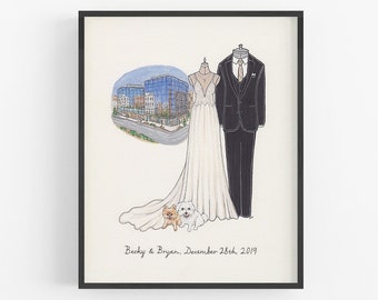 Custom Wedding Illustration Artwork, 8x10 Inches, Dress Suit Bride Groom Mixed Media Hand Drawn Portrait, Dogs, Paper Anniversary Gift Idea