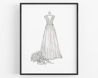 DIGITAL Custom Wedding Dress Illustration, PRINT FILE, Made to Order, Black and White, 8x10" Ready to print, anniversary gift idea, bride