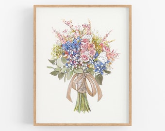 Ilustración de ramo de boda personalizada, 8x10", retrato personalizado de flores del día de la boda, arte dibujado a mano en medios mixtos, idea de regalo de papel del 1er aniversario