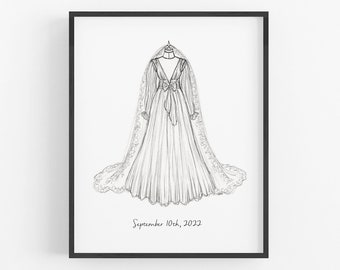 DIGITAL Custom Wedding Dress Illustration, PRINT FILE, Made to Order, Black White Ink, 8x10", Hand Drawn Bridal Art, Quick Turnaround, Gift