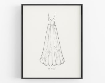 Custom Wedding Dress Illustration Portrait, Black Ink Sketch, Handmade Custom Designed Artwork, Frame Ready Great Gift Idea Free Shipping