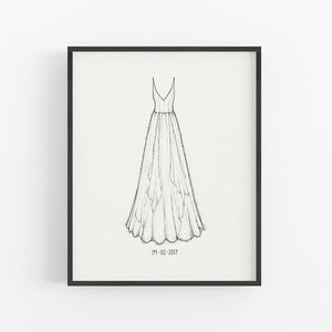 May include: A black and white line drawing of a wedding dress with a simple, sleeveless design and a flowing skirt. The date "06.03.2017" is written below the dress.