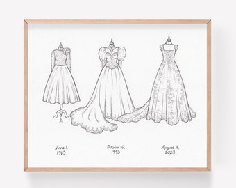 Custom 3 Generations Wedding Dress Portrait, BLACK INK, Mother Daughter Sister Grandma Dress Art, Three Generation Illustration,Wedding Gift