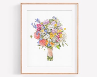 Custom Wedding Bouquet Illustration, 8x10", Custom Wedding Day Flowers Portrait, Mixed Media Hand Drawn Art, 1st Anniversary Paper Gift Idea