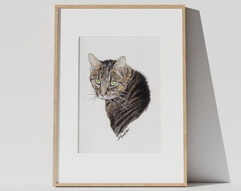 Cat Portrait, Custom Pet Art, Mixed Media Hand Drawn Portrait, Dog or Cat Artwork, Home Decor Ready to Frame, Gift Idea Free Shipping