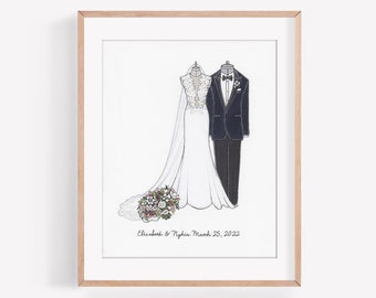 Retrato de pareja, retrato personalizado de novia y novio, ilustración de boda de medios mixtos, regalo de boda, regalo de aniversario, 8x10", arte nupcial