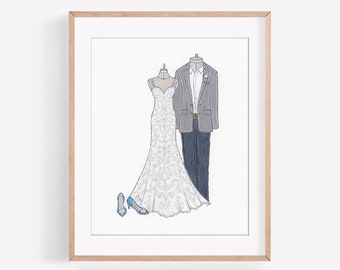 Retrato de pareja, retrato personalizado de novia y novio, ilustración de boda de medios mixtos, regalo de boda, regalo de aniversario, 8x10", arte nupcial