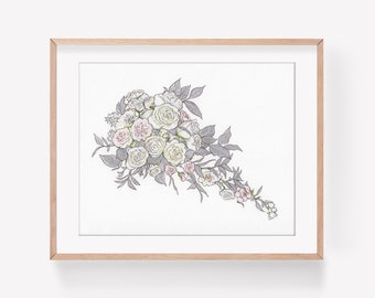 Custom Wedding Bouquet Illustration, 8x10", Custom Wedding Day Flowers Portrait, Mixed Media Hand Drawn Art, 1st Anniversary Paper Gift Idea