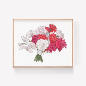 Illustrazione di bouquet da sposa personalizzato, 8x10", ritratto di fiori per il giorno delle nozze personalizzato, arte disegnata a mano con tecniche miste, idea regalo di carta per il primo anniversario