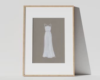 Custom Hand Painted Dress Illustration, 5X7", Made to Order, Gray or Black Paper, White Ink, Art Fashion Painting, Wedding Dress Artwork