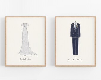 Wedding Dress and Suit Illustration, Custom Hand Drawn Mixed Media Art, Bride and Groom Separate Portrait, Couple Drawing, Ready to Frame