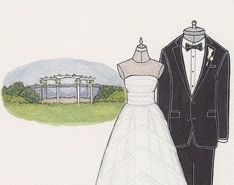 Custom Wedding Dress Illustration, Couple Portrait, Anniversary Gift