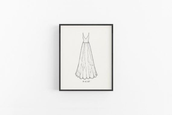 Custom Wedding Dress Sketch Portrait, Handmade Black Ink Art
