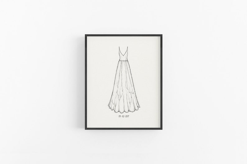 May include: A black and white line drawing of a wedding dress with a simple, sleeveless design and a flowing skirt. The date "06.03.2017" is written below the dress.