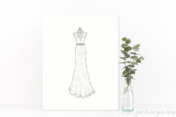 custom wedding dress illustration colour mixed media etsy