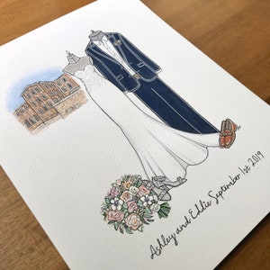 Custom Bride Groom Wedding Illustration Portrait, Lace Dress Bouquet Suit Mixed Media Hand Drawn Art, 1st Anniversary Birthday Christmas Gift imagen 6