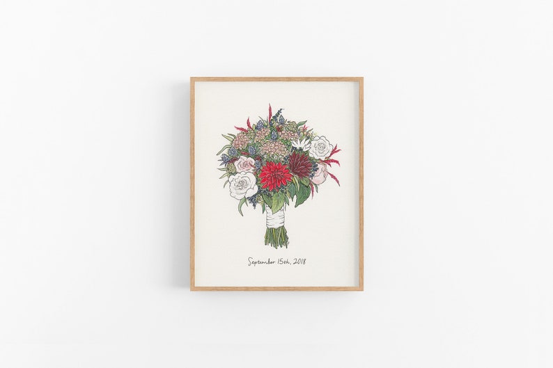 Custom Wedding Bouquet Illustration, 8x10, Custom Wedding Day Flowers Portrait, Mixed Media Hand Drawn Art, 1st Anniversary Paper Gift Idea zdjęcie 8