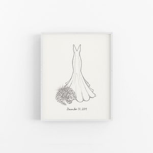 May include: A black and white line drawing of a wedding dress with a bouquet of flowers. The date "December 31, 2019" is written below the dress.