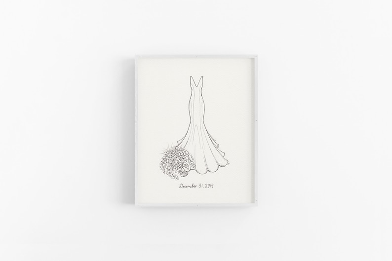 May include: A black and white line drawing of a wedding dress with a bouquet of flowers. The date "December 31, 2019" is written below the dress.