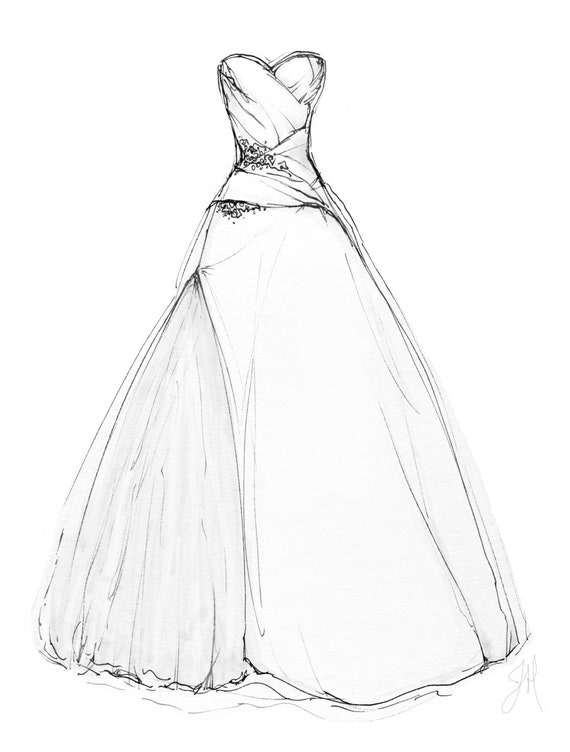CUSTOM Wedding Dress Illustration Portrait Black Ink Hand | Etsy