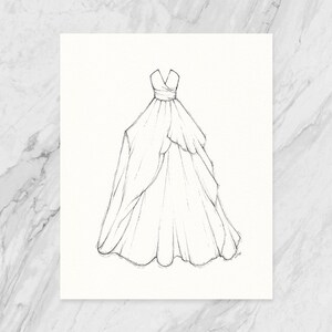 May include: A line drawing of a wedding dress with a sweetheart neckline and a flowing skirt.