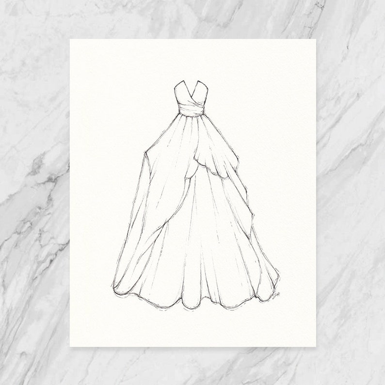 May include: A line drawing of a wedding dress with a sweetheart neckline and a flowing skirt.