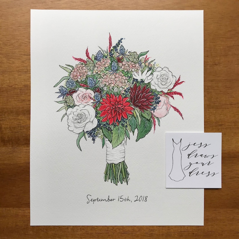 Custom Wedding Bouquet Illustration, 8x10, Custom Wedding Day Flowers Portrait, Mixed Media Hand Drawn Art, 1st Anniversary Paper Gift Idea zdjęcie 7