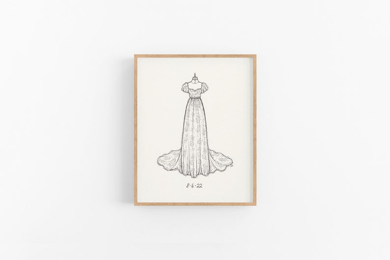 Wedding Dress Portrait, Custom Dress Illustration, Made to Order Art Sketch, Handmade Bridal Artwork, First Anniversary Gift Idea zdjęcie 5