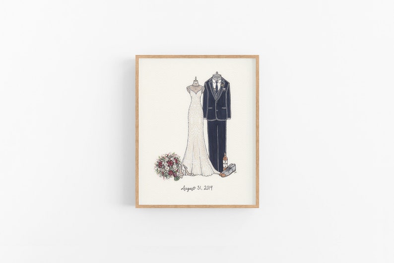 Custom Wedding Art, 8x10, Classic Dress Suit Bride Groom Mixed Media Hand Drawn Portrait, Wedding Venue Illustration, Paper Anniversary Gift image 4