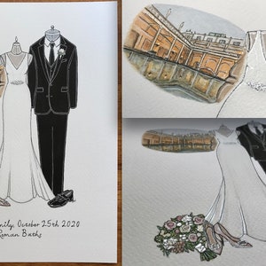 Custom Wedding Art, 8x10, Classic Dress Suit Bride Groom Mixed Media Hand Drawn Portrait, Wedding Venue Illustration, Paper Anniversary Gift image 5